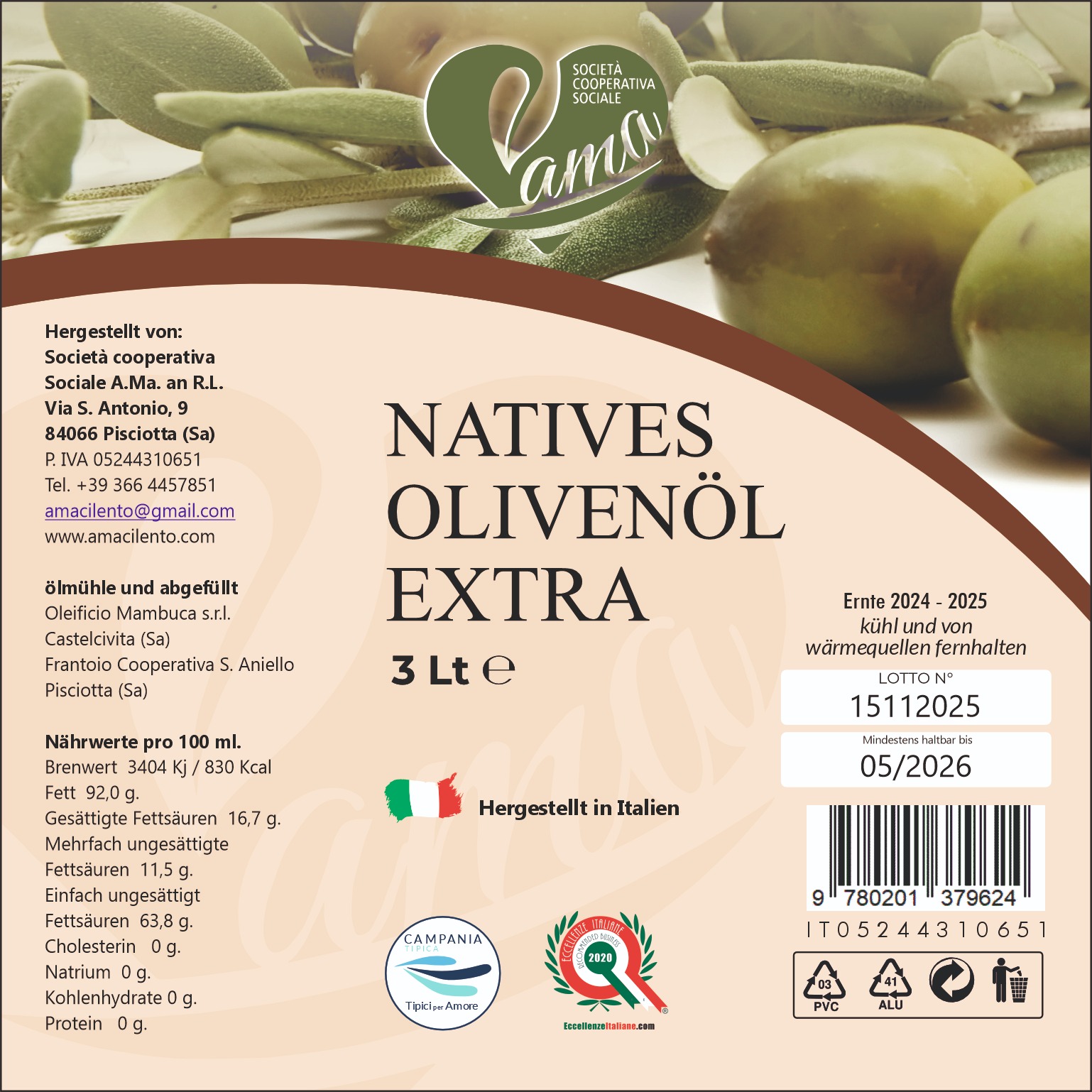 Olio extravergine di oliva lattina 3 litri